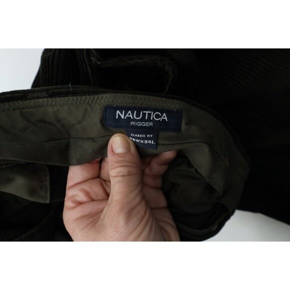 Vintage 90s Nautica Mens 36x34 Faded Heavy Wide Leg Corduroy Chino Pants Green - Picture 8 of 13